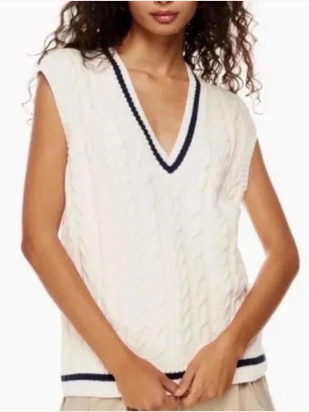 SUNDAY BEST | Cable Knit Sweater Vest | Cream & Navy Blue | Merino Wool |Size XS